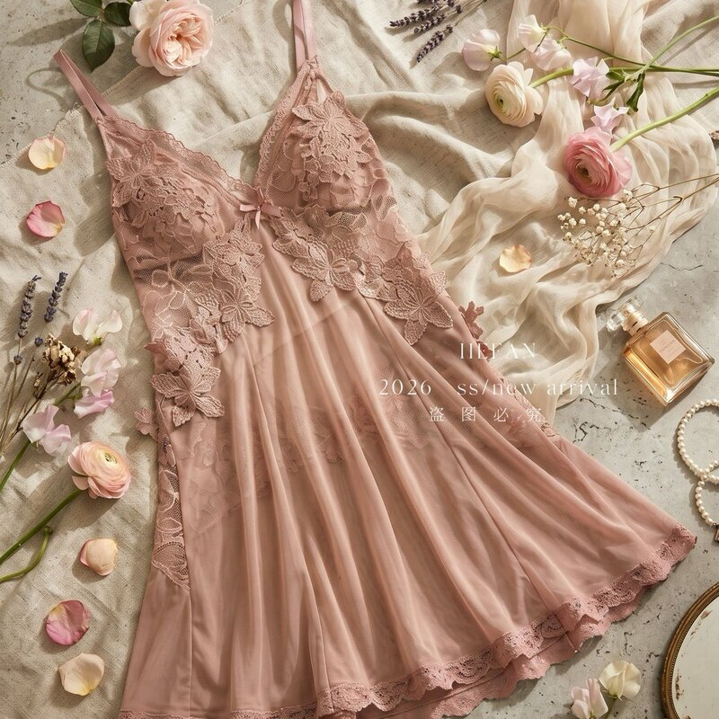 【Seduction】Lace Sexy Mesh Hollow-Out Nightgown French-Style Beautiful Back Cross-Design Designer Camisole Nightgown with Chest Support 【Seduction】Lace Sexy Mesh Hollow-Out Nightgown French-Style Beautiful Back Cross-Design Designer Camisole Nightgown with Chest Support