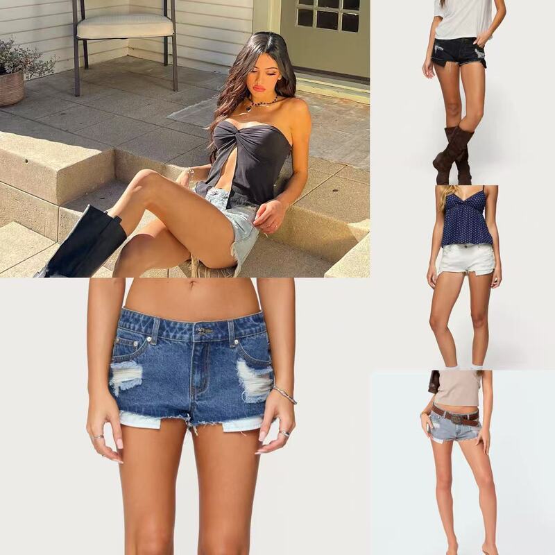 Edikted American Retro Summer New Style Slim Fit Ripped Frayed Low-Waist Ultra-Short Denim Shorts Trendy Hot Girl Style