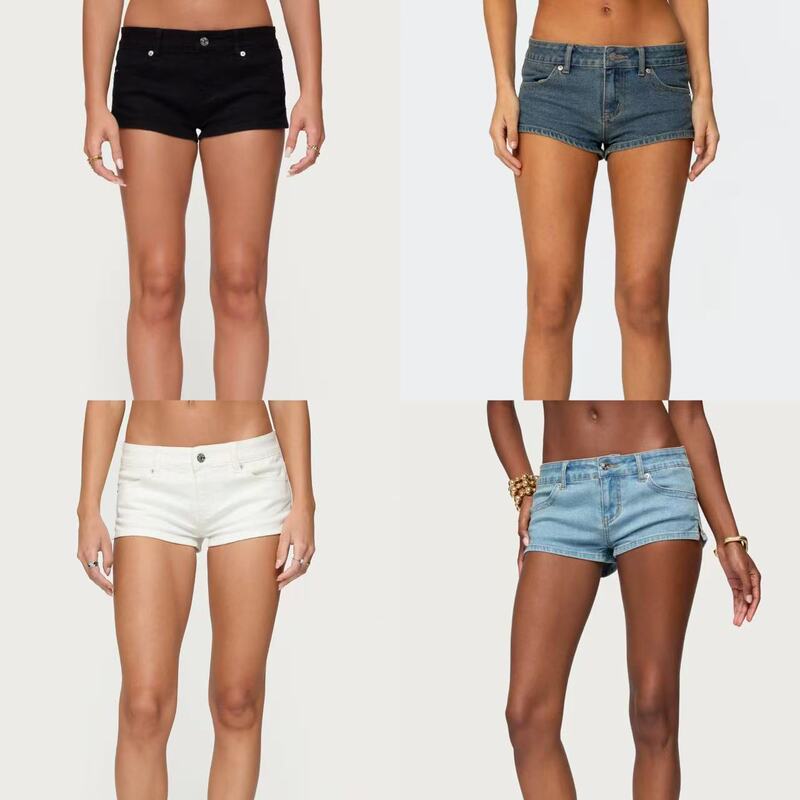 Edikted American Style Hot Girl Low-Waisted Denim Shorts for Summer, Ultra-Short Versatile A-Line Casual Hot Pants, Slimming for Women