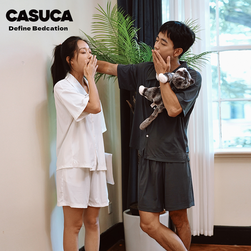 Casuca Anti-Pilling Loungewear, Non-Stick to Fur, Anti-Cat Hair, Summer Patented Fabric, Solid Color Short-Sleeve Couple Pajamas
