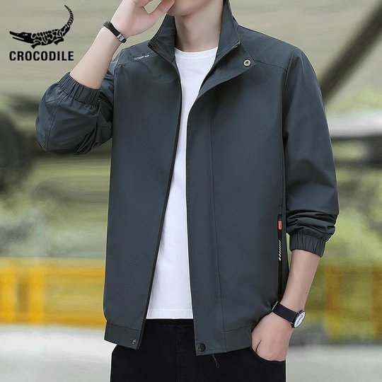 鳄鱼恤品牌休闲夹克男士2025年新款立领茄克衫秋季潮牌运动外套男