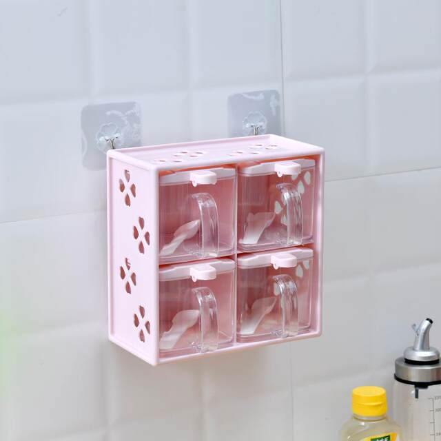 Three-Compartment Seasoning Box Kitchen Condiment Salt Box Spice Jar Drawer-Type with Spoon Plastic Seasoning Rack Can Be Hung on the Wall