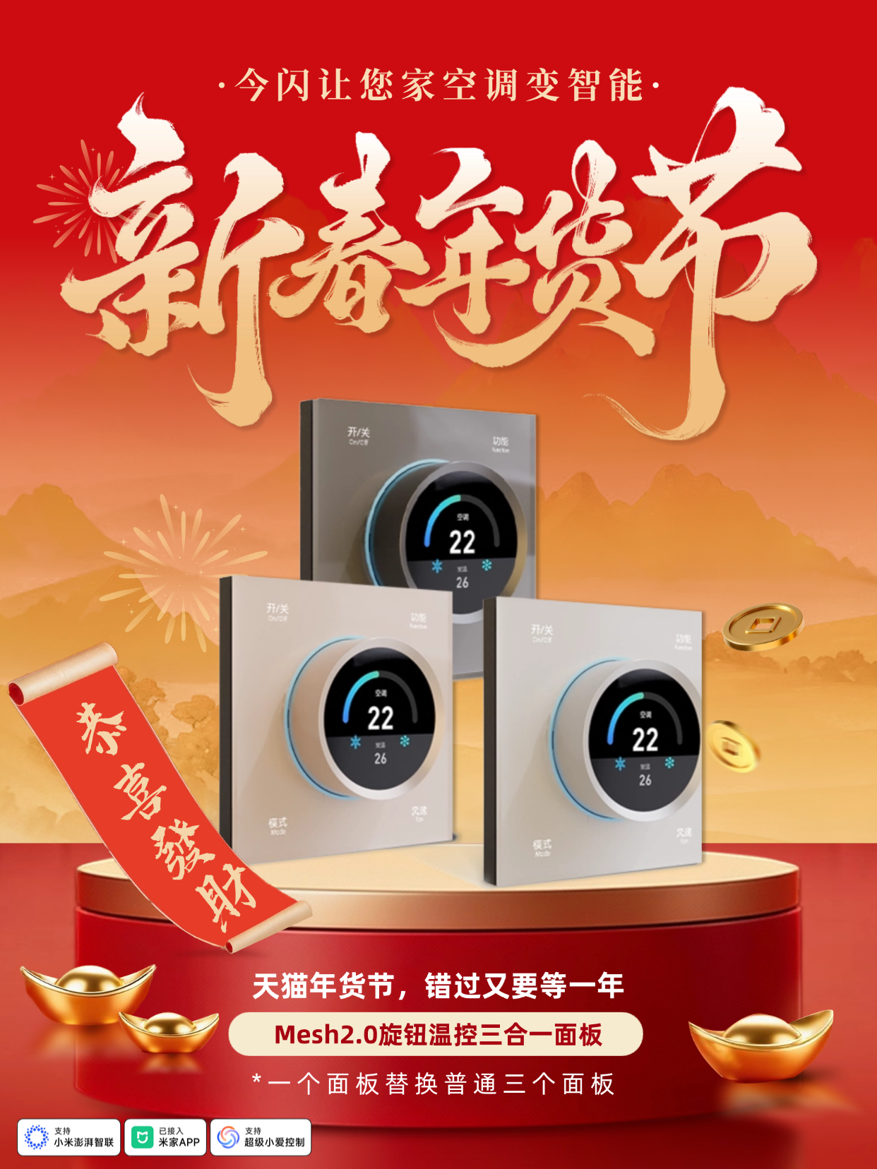 Smart Panel with Knob Screen, Temperature Controller, Bluetooth Mesh 2.0, Central Air Conditioning, Floor Heating, Fresh Air, Three-In-One