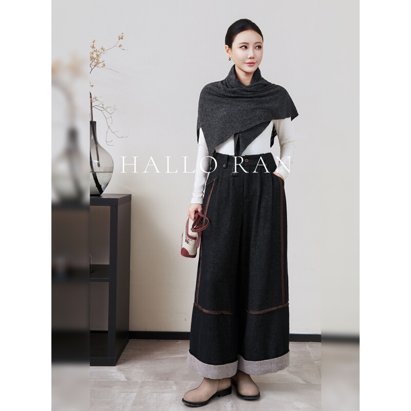 Hallo Ran Li Ran/High-End and Elegant Color-Woven Linen-Cotton Contrast Color Versatile Cropped Wide-Leg Casual Pants for Women