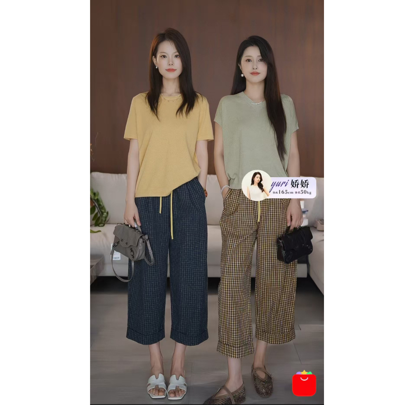 [Still a Top Pick] Artistic Color-Blocking Waist Design Elastic Waist Plaid Straight-Leg Pants