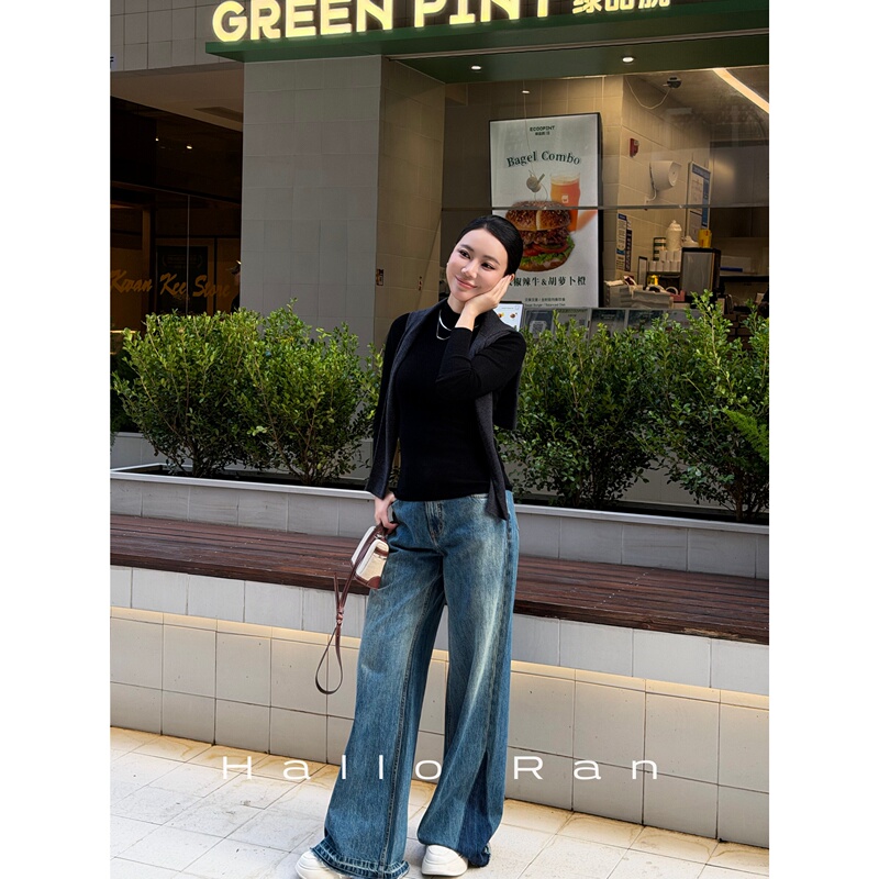 [Designer Line] Li Yiruan/Classic Denim Nostalgic Atmosphere Color-Blocked Wide-Leg Jeans