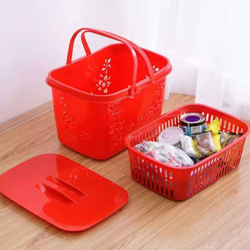 Household Plastic Supermarket Shopping Basket with Double Layers and Lid, Large Red Basket for Grocery Shopping, Fruit, Snacks, Storage, Picnic, and Portable Basket Household Plastic Supermarket Shopping Basket with Double Layers and Lid, Large Red Basket for Grocery Shopping, Fruit, Snacks, Storage, Picnic, and Portable Basket