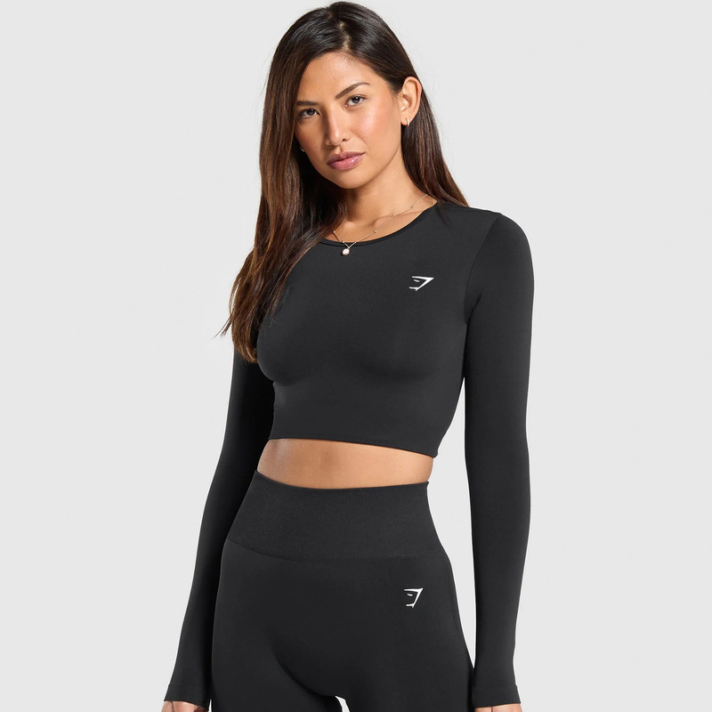 Gymshark Women's Long-Sleeved Autumn and Winter Quick-Drying Elastic Outdoor Running Sports Cycling Tops Tights Yoga Clothes