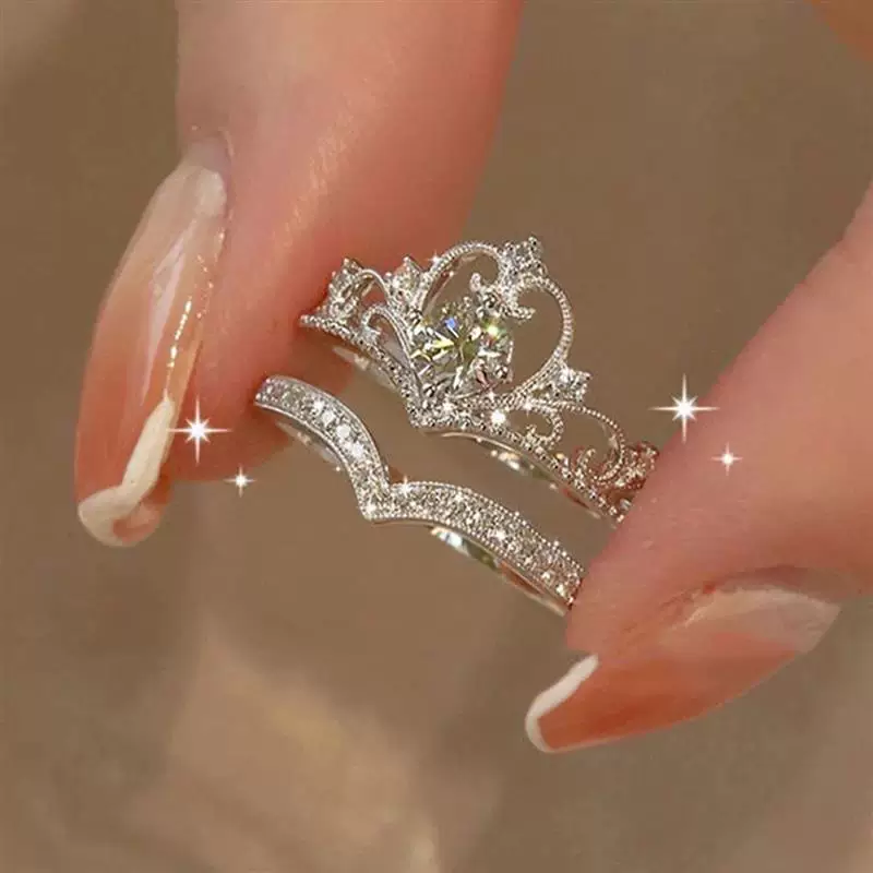 НАБОР ККОЛЕЦ 2 ШТУКИ Greek Explosion Crown Princess Diamond RingWedding Patient Patient Open Ring 2 Set