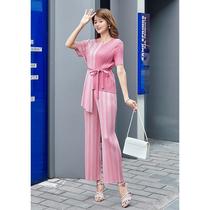 Miyake pleated light luxury womens suit 2023 summer clothing for age-reducing womens fashionable temperament casual commuting short-sleeved two-piece set