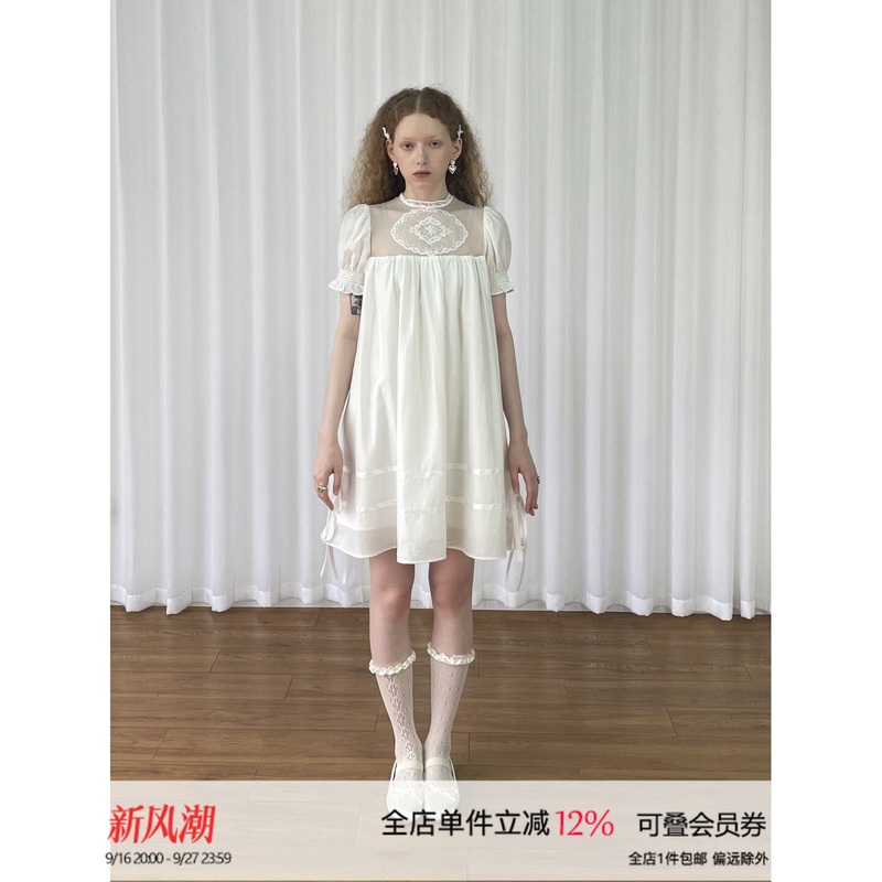 Loosesmell Deodorizing Lace Spliced Mesh White Babydoll Dress Slimming Versatile Summer Dress