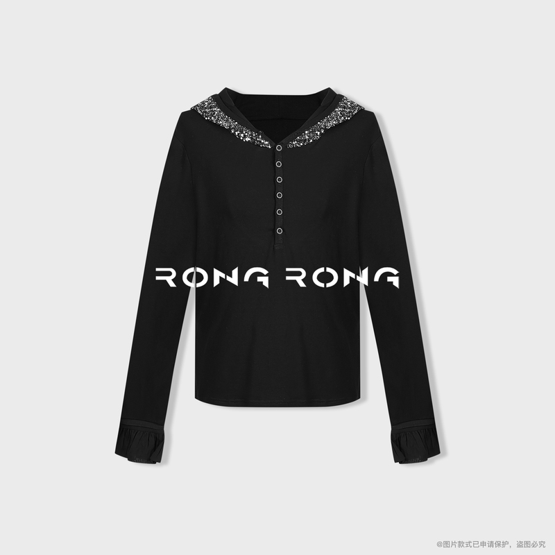 Rongrong [Secret Galaxy] Sequin Hooded Casual Versatile Thin Long-Sleeve Knit Sweater 2566