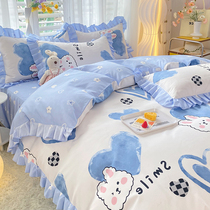 Pastoral cute cartoon pattern four-piece set of pure cotton twill pure cotton princess style dormitory single and double quilt cover bed skirt for girls