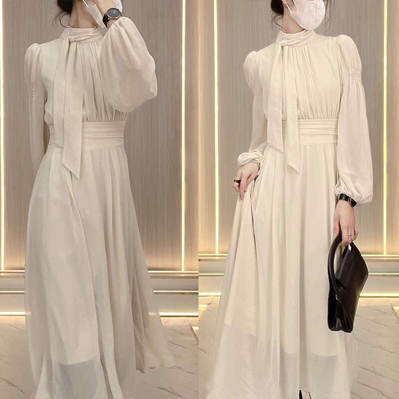 Zzlass Dress for Women with Waist-Cinching Tie, High-Neck Long Dress, Sweet Fairy-Like Temperament, Slimming Effect, Large Hem, Long-Sleeve Dress