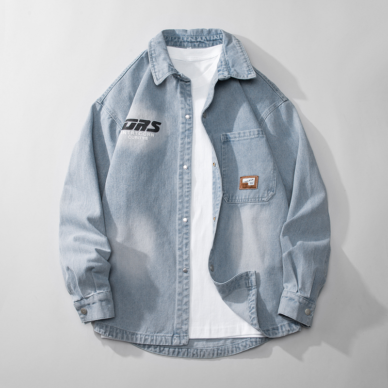 Light Blue Denim Shirt Men's Long-Sleeved Spring and Autumn Thin Shirt Youth Loose Casual Washed Shirt Jacket