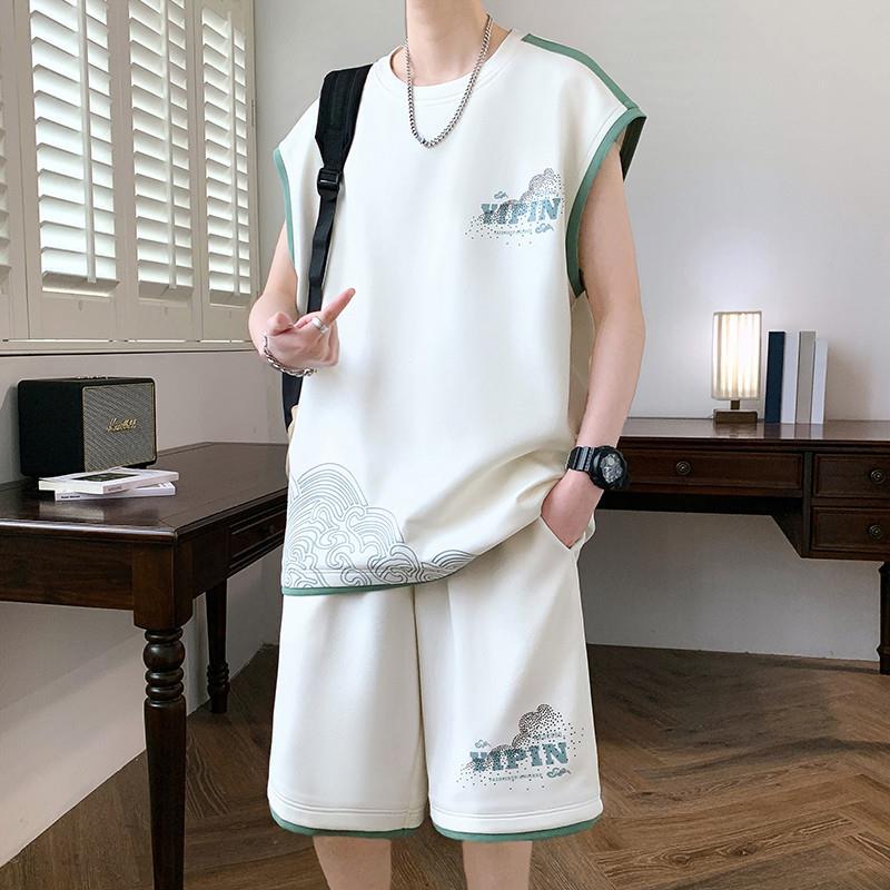 Men's Vest Suit Summer Ice Silk Sleeveless T-Shirt Set for Men, Stylish Short-Sleeved Two-Piece Set for Teenagers