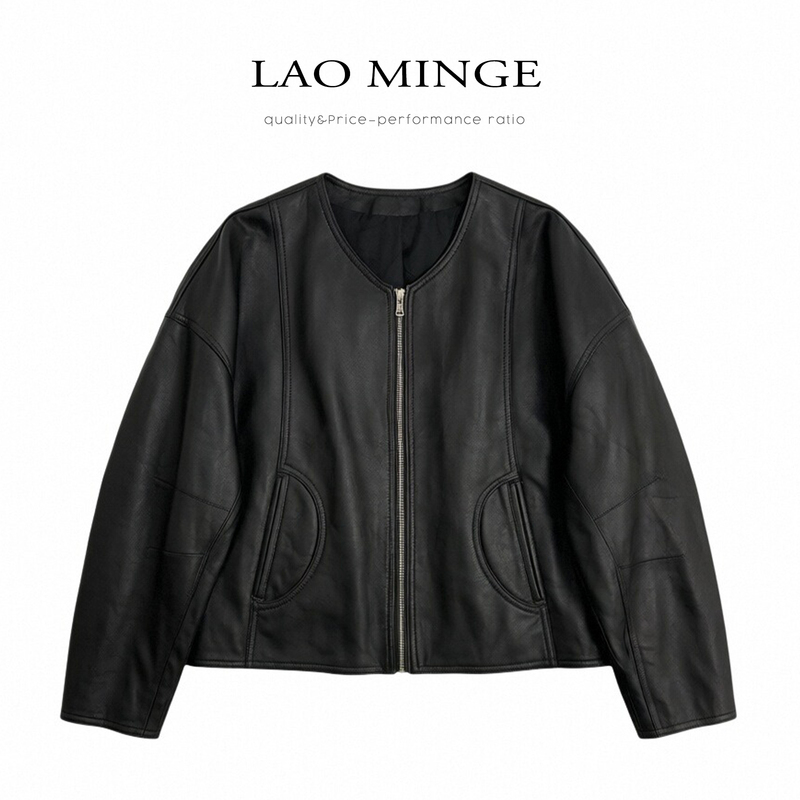 New Style Sheepskin V-Neck Collarless Leather Jacket for Women, Short Loose-Fit Leather Coat Py2663