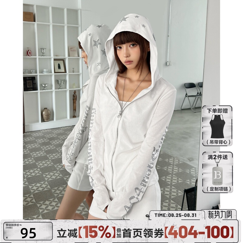 404Mob American-Style Hooded Star-Studded Sun Protection Jacket for Women, Slim Fit, Sweet and Spicy Girl Cover-Up, Trendy Brand, Cool-Feeling Outerwear 404Mob American-Style Hooded Star-Studded Sun Protection Jacket for Women, Slim Fit, Sweet and Spicy Girl Cover-Up, Trendy Brand, Cool-Feeling Outerwear