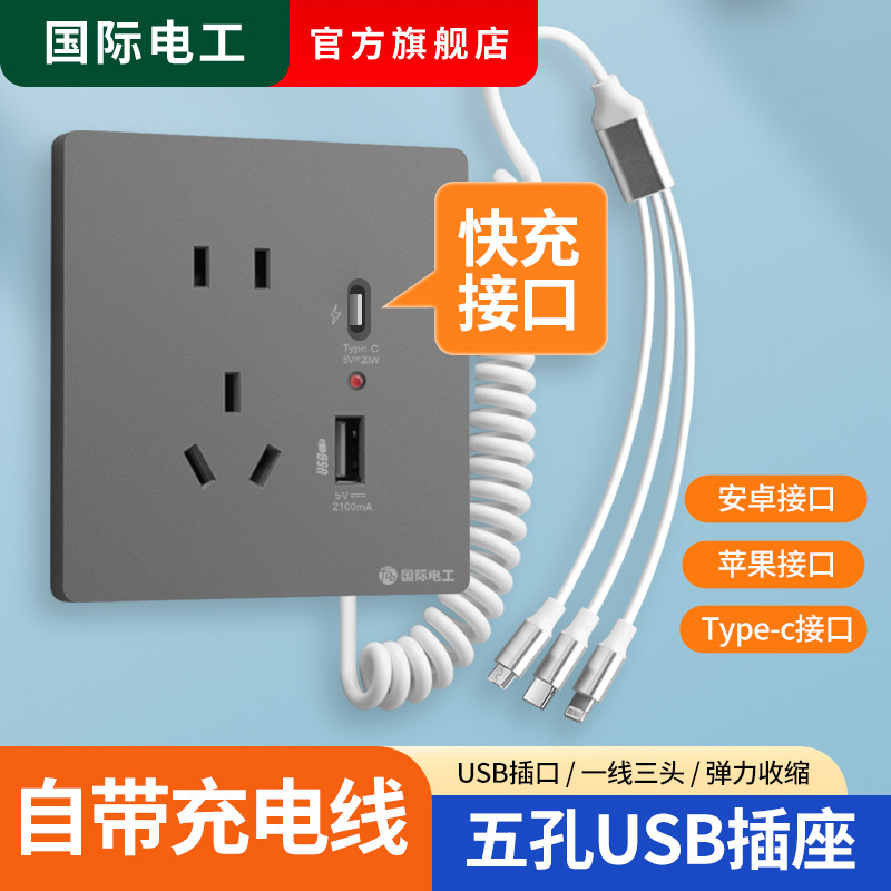 86 Type 20W Fast Charging USB Socket Switch Panel Wall-Mounted Mobile Phone Charging Type-C Household Five-Hole with Data Cable