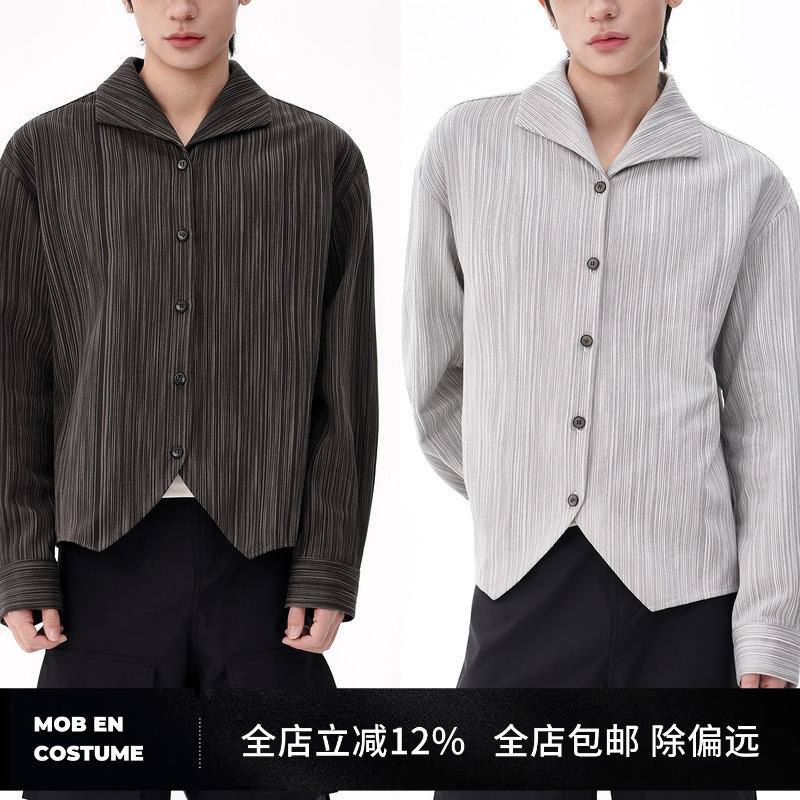 Mob En Costume/Striped Lapel Shirt with a Stylish Design, Loose Fit, Drop Shoulder, Long Sleeve Top, Men's Jacket for Spring
