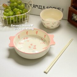 Pink Ocean ins Style Double Ear Bowl For Home 2025 New arrival Ceramic Tableware Instoured Noodle Bowl Soup Noodle Bowl Large Bowl Soup Basin