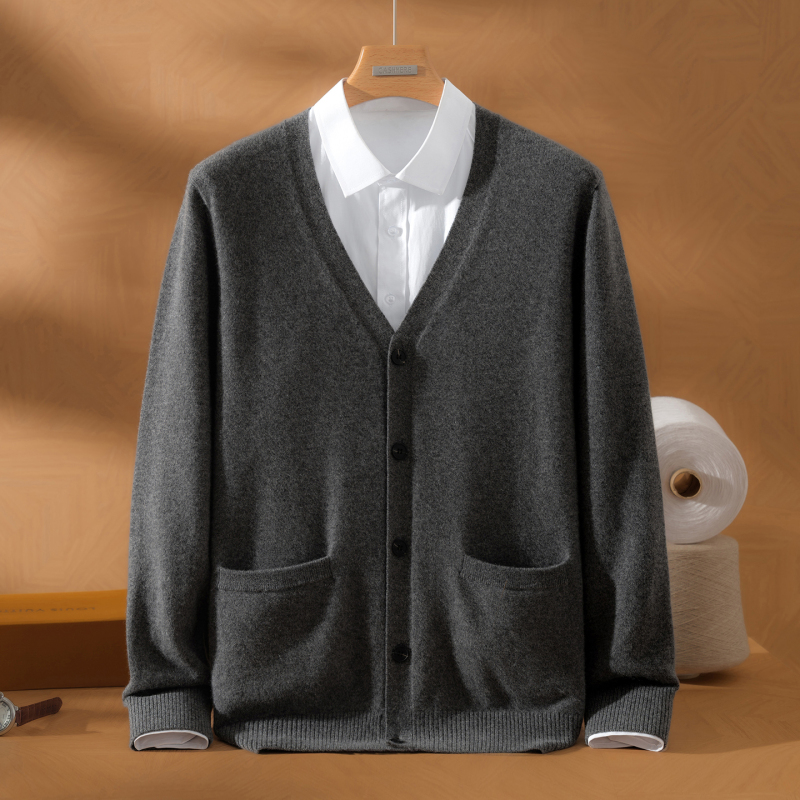 100% Pure Cashmere Cardigan Men's V-Neck Knitted Cardigan Jacket High-End Business Casual Middle-Aged Sweater Jacket 100% Pure Cashmere Cardigan Men's V-Neck Knitted Cardigan Jacket High-End Business Casual Middle-Aged Sweater Jacket