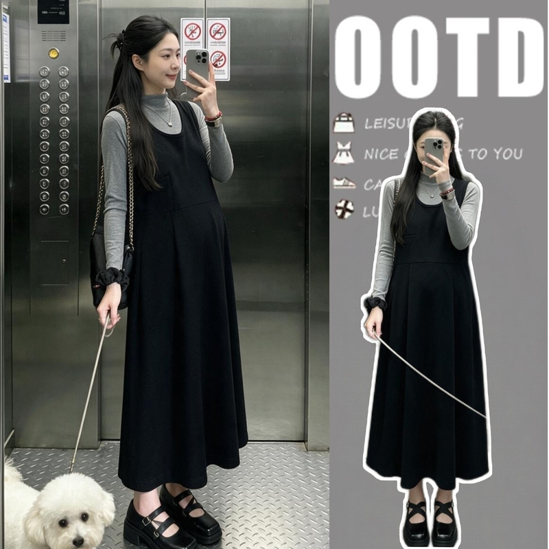Pregnant Women's French Style Outfit 2026 Spring and Autumn New Fashion Vest Dress + Base Shirt Set, Dress That Doesn'T Show Pregnancy