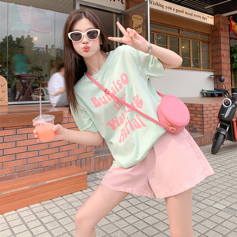 Dopamine Fashion Sportswear Suit for Women Summer Loose Korean Style Student Short-Sleeved Shorts Casual Two-Piece Set Pure Cotton