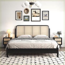 1.8m double bed solid wood rattan bed black retro Nordic style bed double 1 8x2m simple modern 1 2