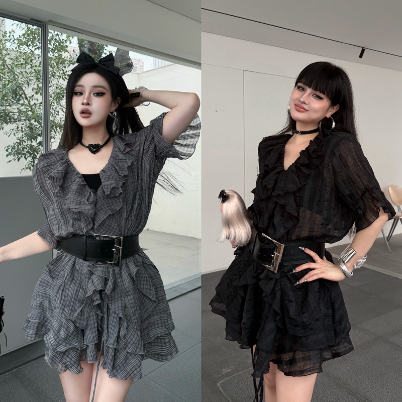 Blackgirl【Perfect Guide】Summer Dress Set with a Versatile and Stylish V-Neck French-Style Short Skirt