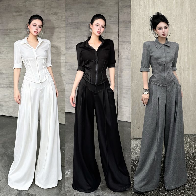 Blackgirl【Beautiful Waistline】Three-Quarter Sleeve Lapel Zipper Fishbone Waist-Cinching Top and Wide-Leg Pants Set