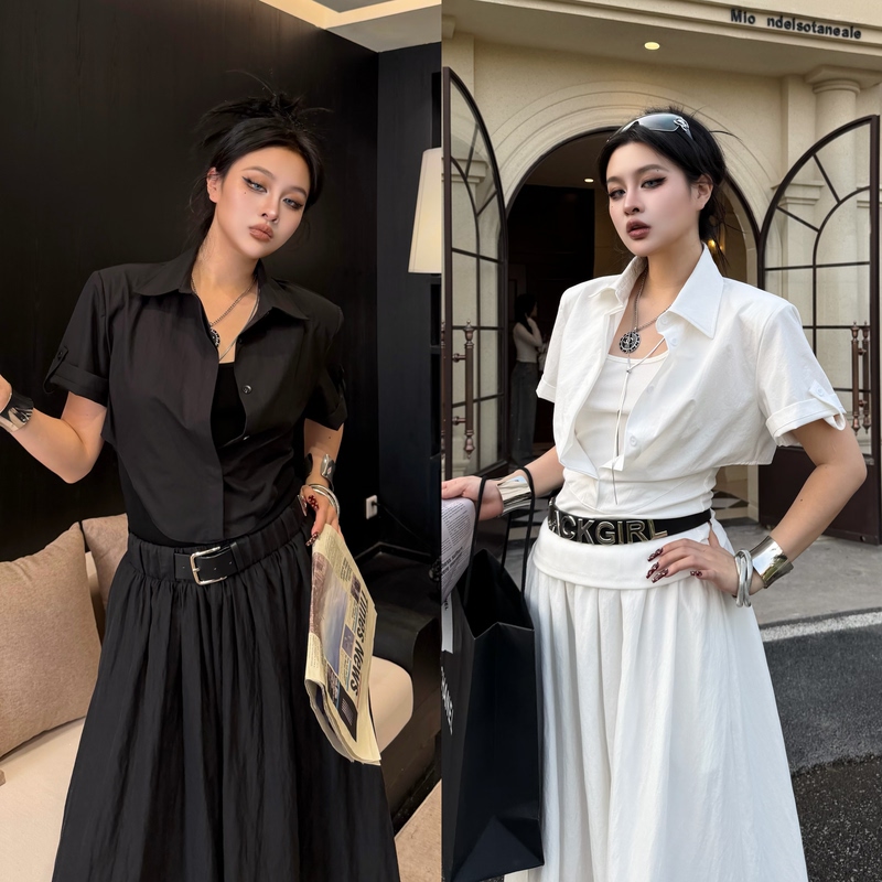 Blackgirl New [Party Princess] French-Style Waist-Slimming Shirt Short-Sleeve Top High-Stretch Fake Two-Piece