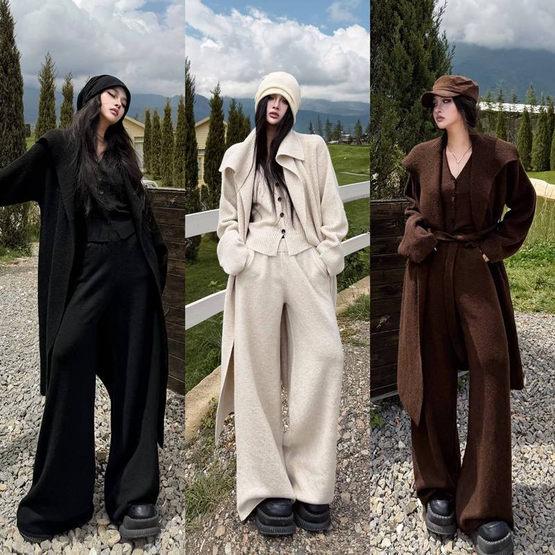 Blackgirl【Winter Is Coming】Autumn and Winter Long Sweater Coat V-Neck Vest Wide-Leg Fleece Pants Set New Style