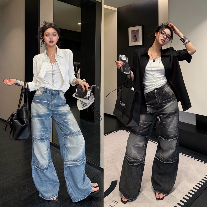 Blackgirl【Outfit Blogger】American Retro Jeans for Women, Spring High-Waisted Slimming Hip-Hop Casual Pants