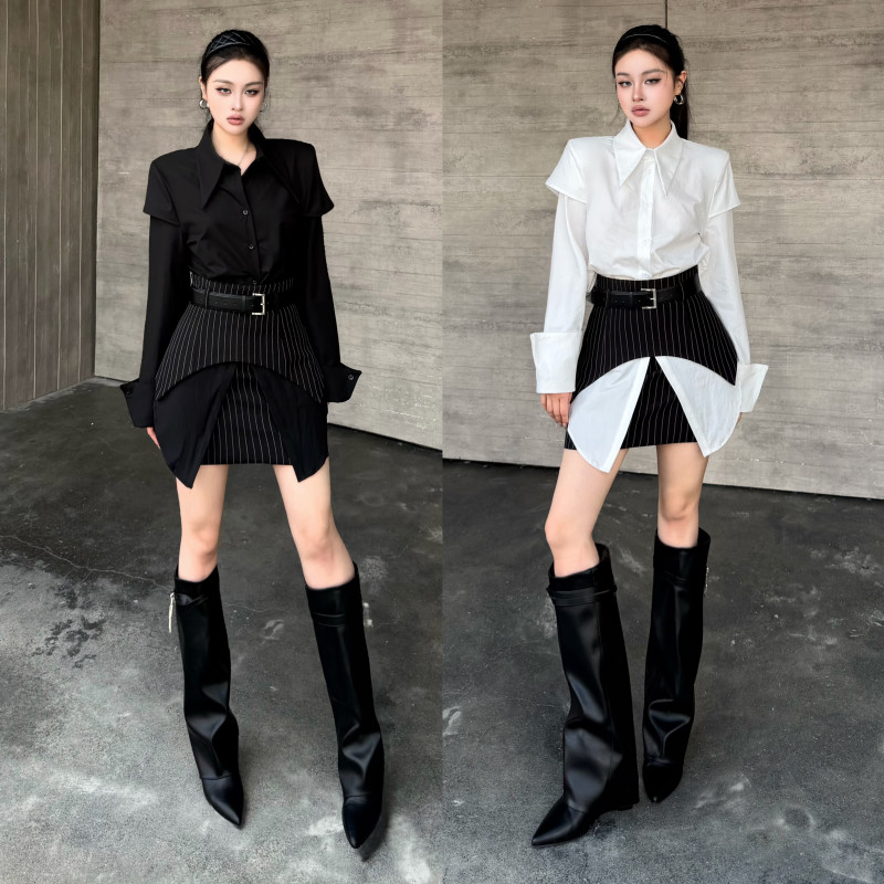 Blackgirl【Elegant and Attractive】Early Autumn Shirt and Skirt Set for Women, Slimming Waist Design, Mature and Sophisticated Look Blackgirl【Elegant and Attractive】Early Autumn Shirt and Skirt Set for Women, Slimming Waist Design, Mature and Sophisticated Look
