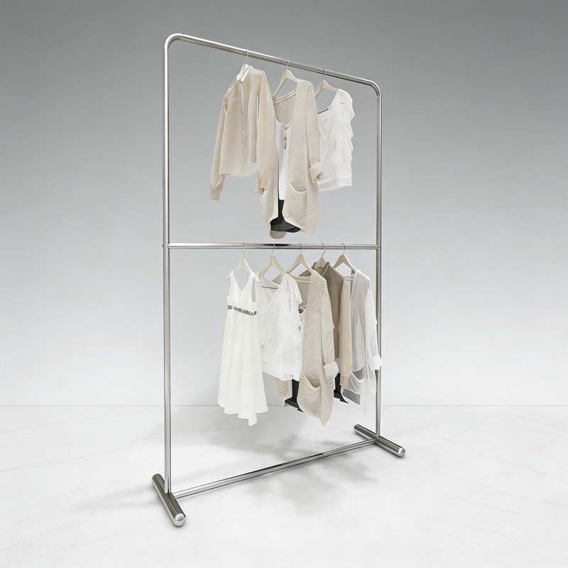 Stainless Steel Glossy Floor-Standing Clothing Display Rack, Double-Layer Hanger, Side-Hanging Display Rack for Men'S, Women'S, and Children's Clothing Stores Stainless Steel Glossy Floor-Standing Clothing Display Rack, Double-Layer Hanger, Side-Hanging Display Rack for Men'S, Women'S, and Children's Clothing Stores