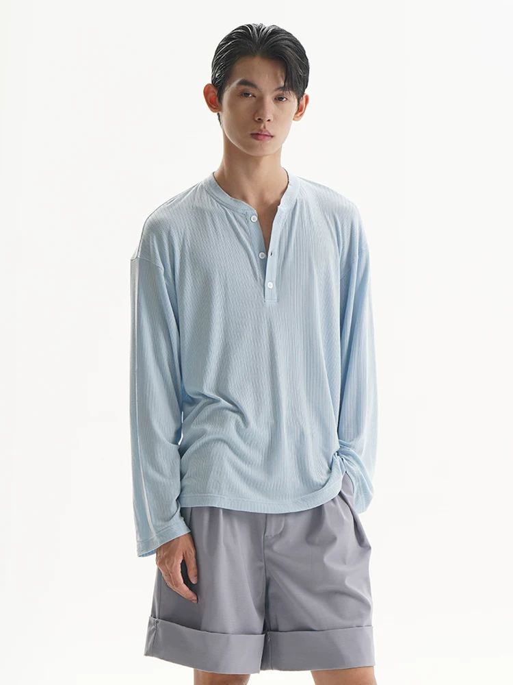 OU Утопия из лоозеляйци Лиоцелл Henley воротник лонгслив летняя тонкая полосатая футболка мужская и женская