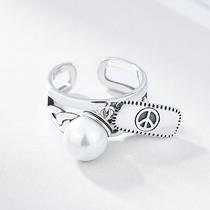 Xiaos Silver S925 European and American E-commerce Ring Thai Silver Pearl Silver Medal Retro Distressed Open Ring Jewelry