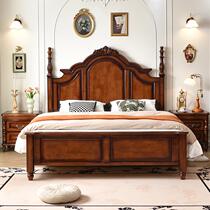 American mid-century style solid wood large bed master bedroom solid wood walnut color carved Roman columns retro 1.8 meter double wedding bed