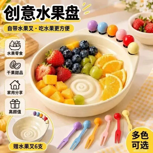 Dopamine Thread-Patterned Fruit Plate for Living Room Coffee Table, Household Snack Plastic Display Tray, Stainless Steel Fruit Fork Set Dopamine Thread-Patterned Fruit Plate for Living Room Coffee Table, Household Snack Plastic Display Tray, Stainless Steel Fruit Fork Set