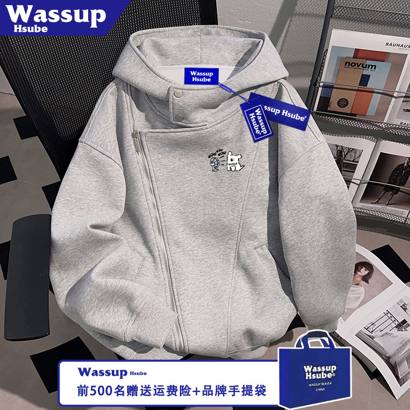 Куртка с принтом щенка линии WASSUP, мужской и женский повседневный свитер на молнии, осенне-зимний свитер плюс бархатный светло-серый кардиган с капюшоном