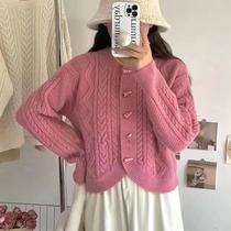 Autumn New Korean Style Loose Twist Cardigan Jacket Womens Horn Button Versatile Soft Waxy Short Knitted Wool Outerwear Trendy