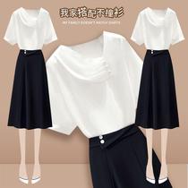 French beaded slope collar white short-sleeved shirt for women 2023 summer high-waisted slim A-line skirt two-piece suit