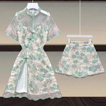 Single piece Yujies light mature style outfit for women summer style lace cheongsam mid-length top shorts plus size