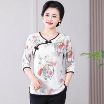 Middle-aged and elderly womens new large size medium-sleeved loose T-shirt spring and summer v-neck shirt tops imitation silk mothers clothing fashion