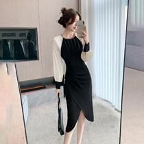 Chiffon splicing dress for women in autumn ladylike temperament chain pleated raglan sleeves professional hip-covering irregular skirt