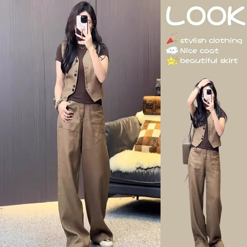 Summer Outfit with a Complete Set of Fashionable, Mature, Sophisticated, and Slimming T-Shirt, Vest, and Wide-Leg Pants Three-Piece Set