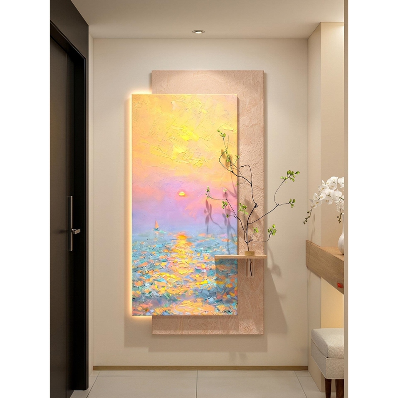 2026 New Style Smooth Sailing Entrance Decoration Painting with Cream Style Lighting and Creative Hydroponic Green Plants for Corridor and Hallway Wall Art