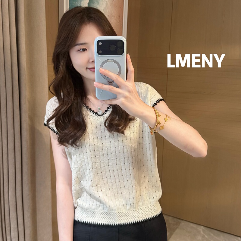 Mengjie Clothing [Checkerboard Pattern] Lyocell Linen Knitwear for Women 2026 Summer New V-Neck Crochet Top