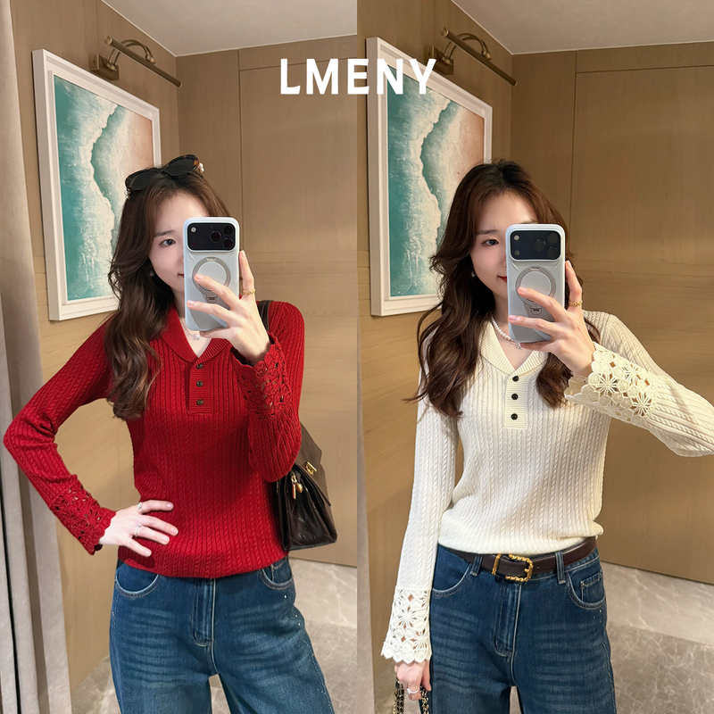 Mengjie Clothing [South French Dream] Sheep Wool Blend Top for Women 2026 Autumn New Style Green Fruit Collar Sweater